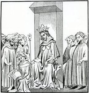 Frankernas kung dikterar den saliska lagen, efter en miniatyr i Chronicles of St. Denis av French School