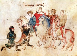 Riddarna Esclabor och Arphasar erbjuder sina tjänster till kung Arthur, från Roman de Meliadus av French School