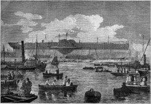 "Leviathan" (Great Eastern), det första gigantiska linjefartyget, under hans försök att sjösätta 1857. Gravyr i "" Le Monde Illustré"" nr 31 av 14 november 1857. av French School