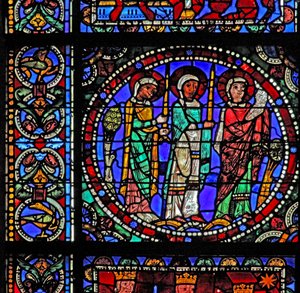 The Life of Christ-fönstret: Tre helgon närvarar vid presentationen i templet (med nästa panel) (w50) av French School