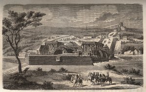 Maskinen i Marly - Vy över maskinen till akvedukten av Marly installerad i Bougival - Akvedukten i Louveciennes (eller Marly) för Versailles och slottet Marly i vatten - gravering i "Histoire de France" av Victor Duruy (1811-1894) ) - 1882 av French School