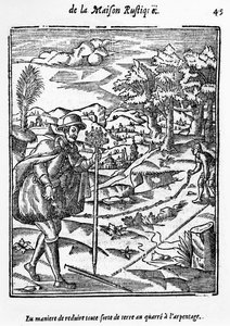 The Way in which to reduce any sort of Ground to the Surveying Square, illustration från LAgriculture et Maison Rustique av Charles Estienne, upplaga publicerad 1641 av French School