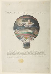 Montgolfier-ballongen med "härliga klassiska referenser", Machine Aerostatique de 126 pt de haut sur 100pt de large (färgad gravyr) av French School