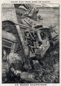 New York Buffalo-tåget faller i en flod i USA: en man försöker rädda passagerare som riskerar att drunkna. I "" Le Peute Parisien"" den 7/11/1897. Privat samling av French School