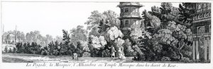 Pagoden, moskén och Alhambra eller det moriska templet i Kew, från Jardins Anglo-Chinois a la Mode, av George Louis le Rouge, publicerad 1775-78 av French School
