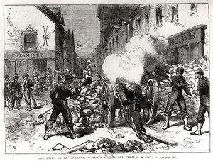 Pariskommunen: En barrikad i Issy, 2 maj 1871 (gravyr) (bw foto) av French School