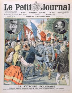 Den polska segern, franska officerare hyllas av folkmassan på Central Street i Warszawa, omslagsillustration av Le Petit Journal, 12 september 1920 av French School