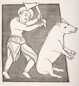 Der Schweinemetzger, Reproduktion einer Miniatur aus dem 15. Jahrhundert