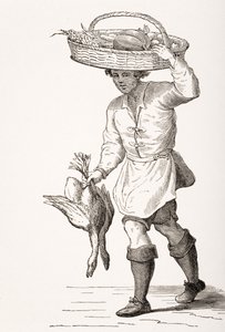 Fjäderfähandlaren, efter ett träsnitt från 1500-talet av Cesare Vecellio (1521-1601) från "Le Moyen Age et La Renaissance" av Paul Lacroix (1806-84), publicerad 1847.