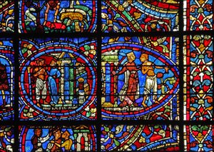 The Prodigal Son-fönstret: en kurtisan kastar ut honom (w35) av French School