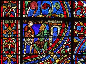 The Prodigal Son-fönstret: ber om arbete (w35) av French School