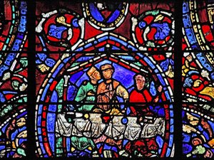 The Prodigal Son-fönstret: omfamnar en av kurtisanerna (w35) av French School