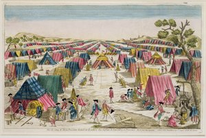 Preussiska armélägret, ritat från livet på fälten i Pommern, graverat av Vale, ca 1750 (handfärgad gravyr) av French School