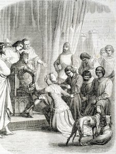 Drottningen av England (Philippa de Hainaut) ber tack till sin man Edward III för invånarna i Calais (avsnitt av den 6 borgerliga Calais) av French School