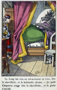 Rödluvan går in i rummet där vargen tog sin mormors plats - i "Rödluvan", red. Pellerin, Epinal, n.d. 19:e. av French School