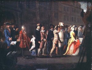 Comediens återkomst efter undertryckandet av Comedie Italienne, 1697 av French School