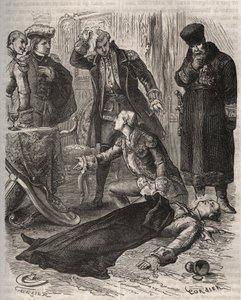 Den ryske kejsaren Peter III (1728-1762), som tilldelats en bostad, mördades på order av sin hustru Katarina II, som just hade störtat honom och tagit makten, av Alexei Orlov (1737-1808) och hans vakter den 17 juli 1762. Gravyr från 1871 i ”Histoire De av French School