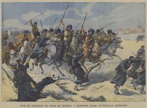 Det rysk-japanska kriget: kosacker överraskar en japansk patrull i en räd norr om Gensan, Korea (färg litho) av French School