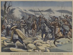 Det rysk-japanska kriget: en japansk avdelning och deras befälhavare tillfångatagna av kosacker (färg litho) av French School