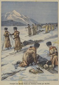 Det rysk-japanska kriget: transport av skadade ryska soldater på slädar gjorda av skidor (färg litho) av French School