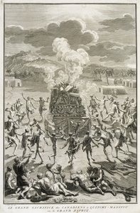 The Sacrifice to Quitchi-Manitou, eller The Great Spirit, av kanadensarna, illustration från religiösa ceremonier och seder, graverad av Bernard Picart (1673-1733) 1723 av French School