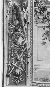 The Seasons gobeläng, bård, musikinstrument, ca 1670, Gobelins Factory (detalj) av French School