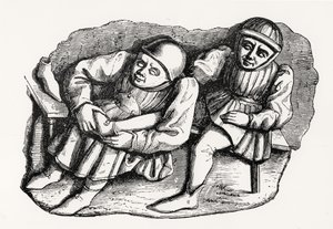 Skomakaren och hans kund, kopierad från ett av Misericordia-stånden i katedralens kör i Rouen, illustration från vetenskap och litteratur under medeltiden och renässansen, skriven och av French School