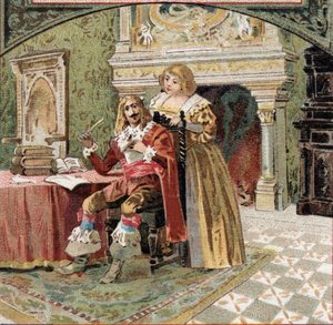 Fadern till Beringhen och Madame du Fargis komplott mot Richelieu (Armand Jean du Plessis, kardinal av Richelieu (1585-1642), Ludvig XIII:s minister, vid slottet Azay-le-Rideau (Azay le Rideau) (Indre-et- Loire). Kromolitografi från slutet av 19:e av French School