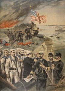 Det spanska amerikanska kriget: landning vid Guantanamo, illustration från Le Petit Journal: Supplement illustre, 1898 av French School