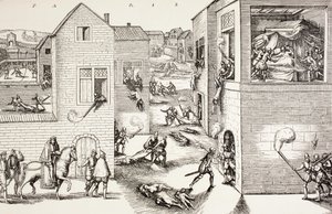 Massakern på S:t Bartolomeusdagen, augusti 1572, från "Militärt och religiöst liv i medeltiden" av Paul Lacroix, publicerad i London ca 1880 av French School