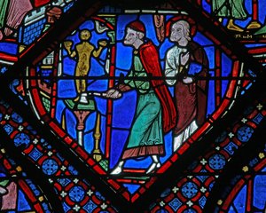 St James Window: Almogenes (Hermogines) förstör idolen (w5) av French School