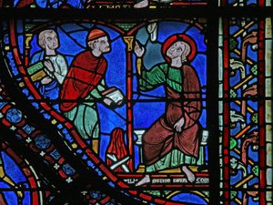 The St James Window: Almongenes (Hermogines) på väg att bränna sina böcker (w5) av French School