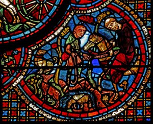 St Lubin-fönstret: hans utbildning - en munk ger honom ett bälte med ett inskrivet alfabet (w45) av French School