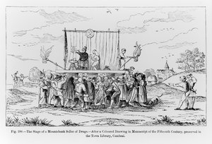 The Stage of a Mountebank Seller of Drugs, illustration från vetenskap och litteratur under medeltiden och renässansen, skriven och graverad av Paul Lacroix, 1878 av French School