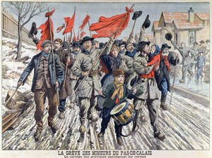Gruvarbetarnas strejk i Pas-de-Calais, de strejkandes procession i gruvbyn, från Le Petit Journal, 1 april 1906 (färgstick) av French School