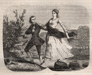 Den schweiziske filosofen Jean Jacques (Jean-Jacques) Rousseau (1712-1778) hjälpte Mademoiselle Galley att korsa en bäck. Gravyr från 1871 i "Histoire Des Cocus Celebres" "av Henry de Kock (1819-1892). av French School