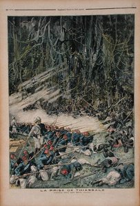 The Take of Thiassale, the Battle in the Virgin Rain Forest, illustration från Le Petit Journal, 26 augusti 1893 av French School