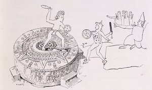 Temalacati, eller Gladiatorial Stone, från Codex Ramirez, från "The Ancient Cities of the New World", av Claude-Joseph-Desire Charney, pub. 1887 av French School
