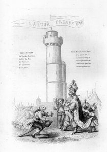 Tornet är försiktigt. En överste med en pistol kommer ner till kungen, följt av sidor. Gravyr i "" Chants et chansons populaire de la France", Tome 2 av French School