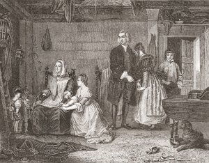 Vicar of Wakefield försonar sin fru med Olivia, efter målningen av Gilbert Stuart Newton. Från Histoire des Peintres, École Anglaise, publicerad 1867 (litho) av French School