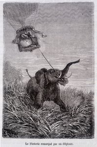 Victoria bogserad av en elefant - i "Fem veckor i ballong", roman av Jules Verne av French School