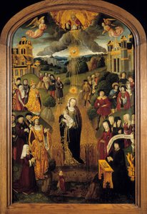 Jungfrun med vete Kung Ludvig XII (1462-1515) och påven Alexander VI (1431-1503) är närvarande. Allsmäktige Gud som håller i Globen välsignade scenen medan den Helige Ande skyddade Jungfrun och barnet. Målning på trä från den franska skolan på 1500-talet av French School