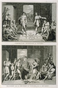 Bröllopsceremonin och skilsmässan i Kanada, illustration från religiösa ceremonier och seder, graverad av Bernard Picart (1673-1733) 1723 av French School