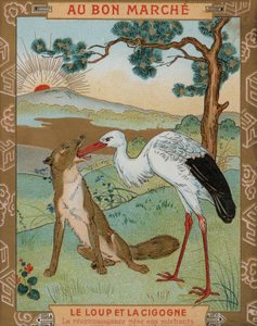Vargen och tranan, en av Aesops fabler (chromolitho) av French School