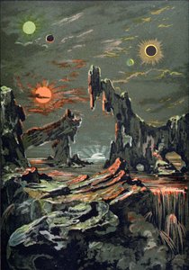 The World of Four Moons and Four Suns, illustration från LAstronomie Populaire skriven av Camille Flammarion (1842-1925) 1881 av French School