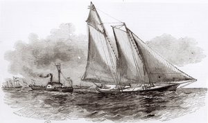 Yacht America tar ledningen i 1851 års Cowes Regatta, från Le Monde Illustre, 1851 av French School