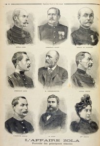 Zolaaffären: porträtt av huvudvittnen, illustration från det illustrerade bilagan till Le Petit Journal, 27 februari 1898 (litho) av French School