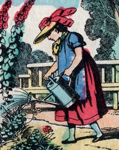 Aktiviteterna för flickor från bra familjer: lära sig trädgårdsarbete - Epinal bild - 1800-talet (gravyr) av French School