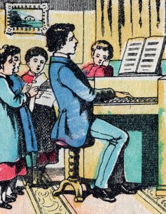 Aktiviteterna för flickor från bra familjer: lära sig musik - Epinal bild - 1800-talet (gravyr) av French School
