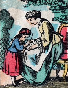 Aktiviteterna för flickor från goda familjer: läslektion - Epinal bild - 1800-talet (gravyr) av French School